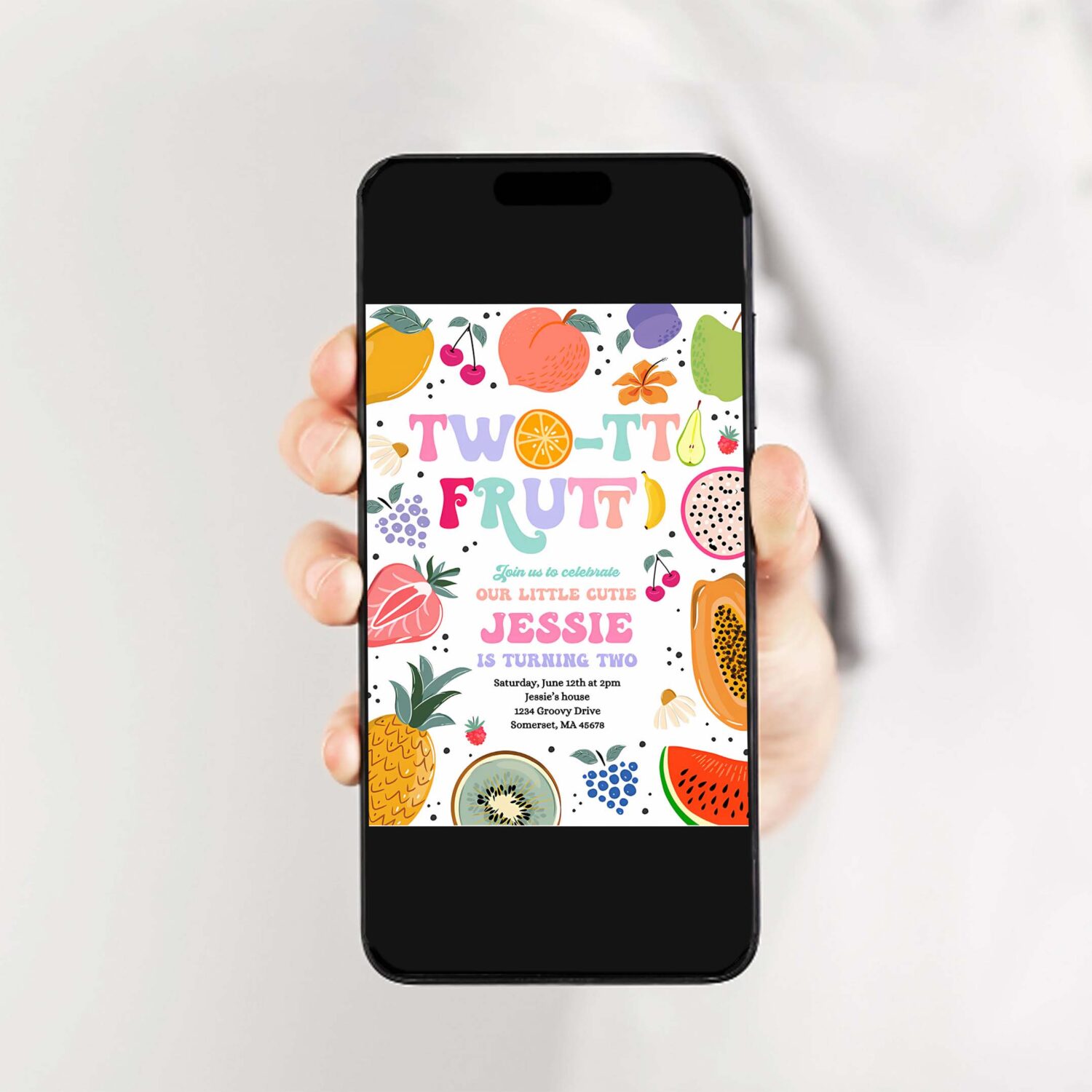 Editable two tti frutti birthday invitation two tti frutti 2nd birthday tutti frutti tropical summer party fruit party 2
