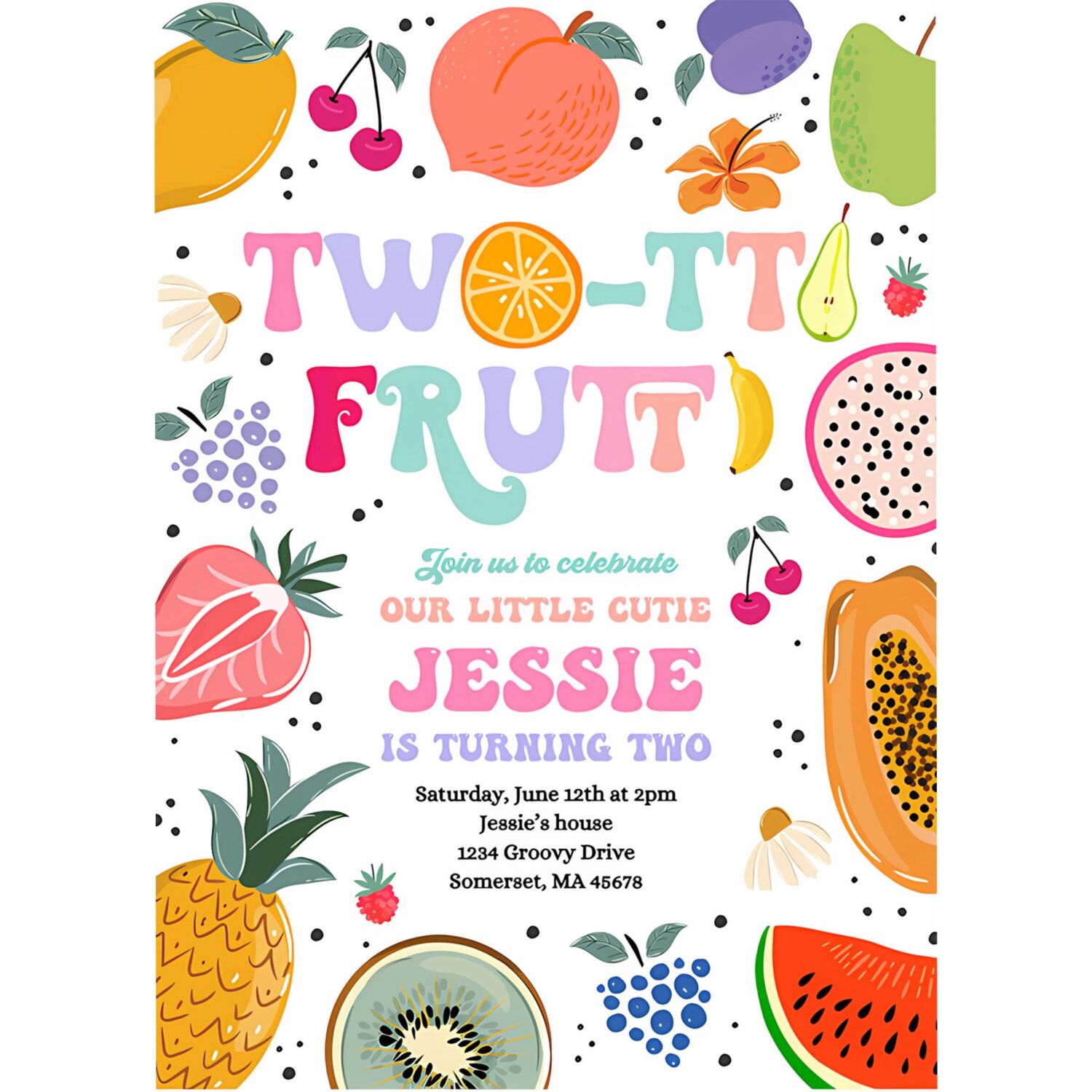 Editable two tti frutti birthday invitation two tti frutti 2nd birthday tutti frutti tropical summer party fruit party 4