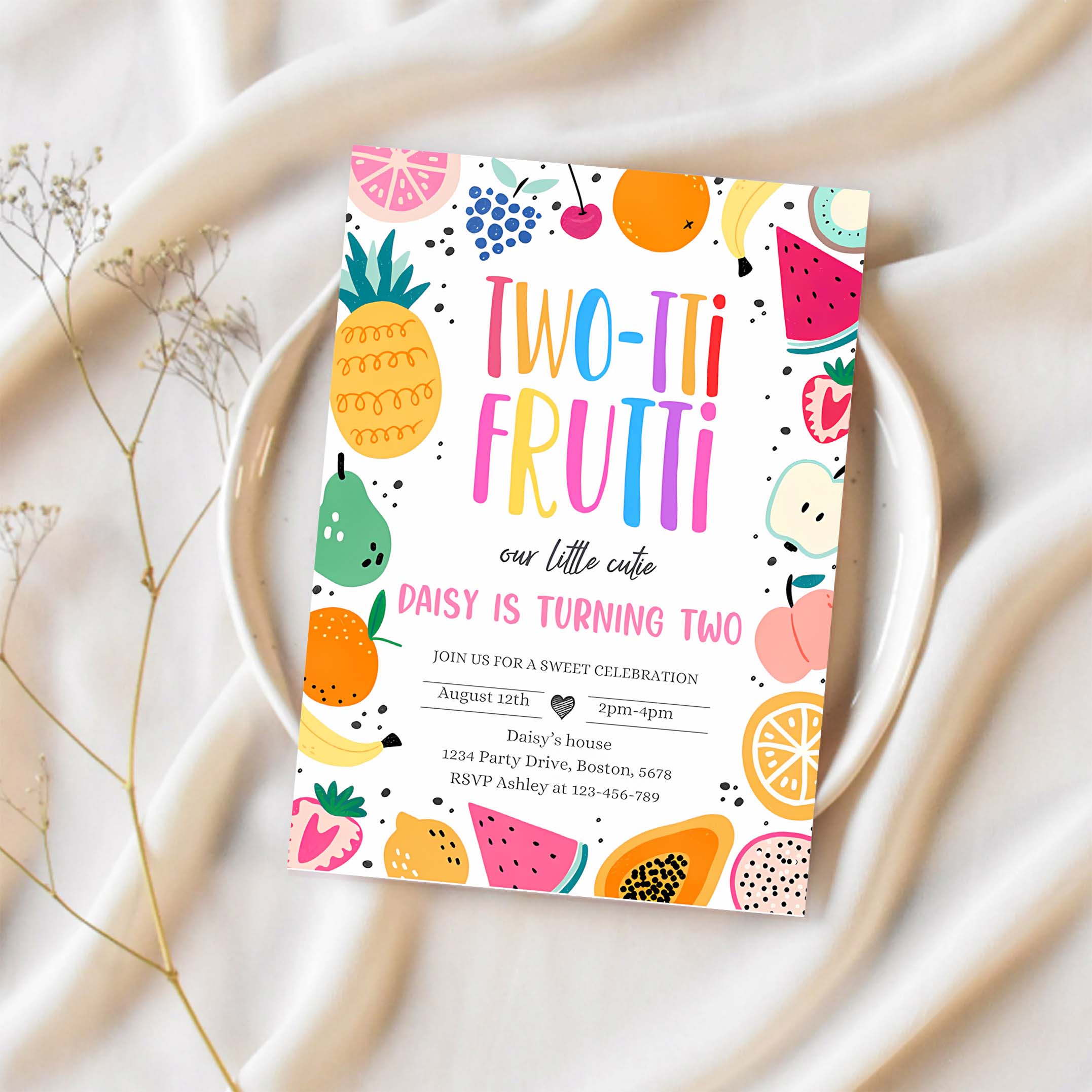 Editable Two tti Frutti Birthday Party Invitation Two tti Frutti 2nd Birthday Tutti Frutti Tropical Summer Party Fruit Party