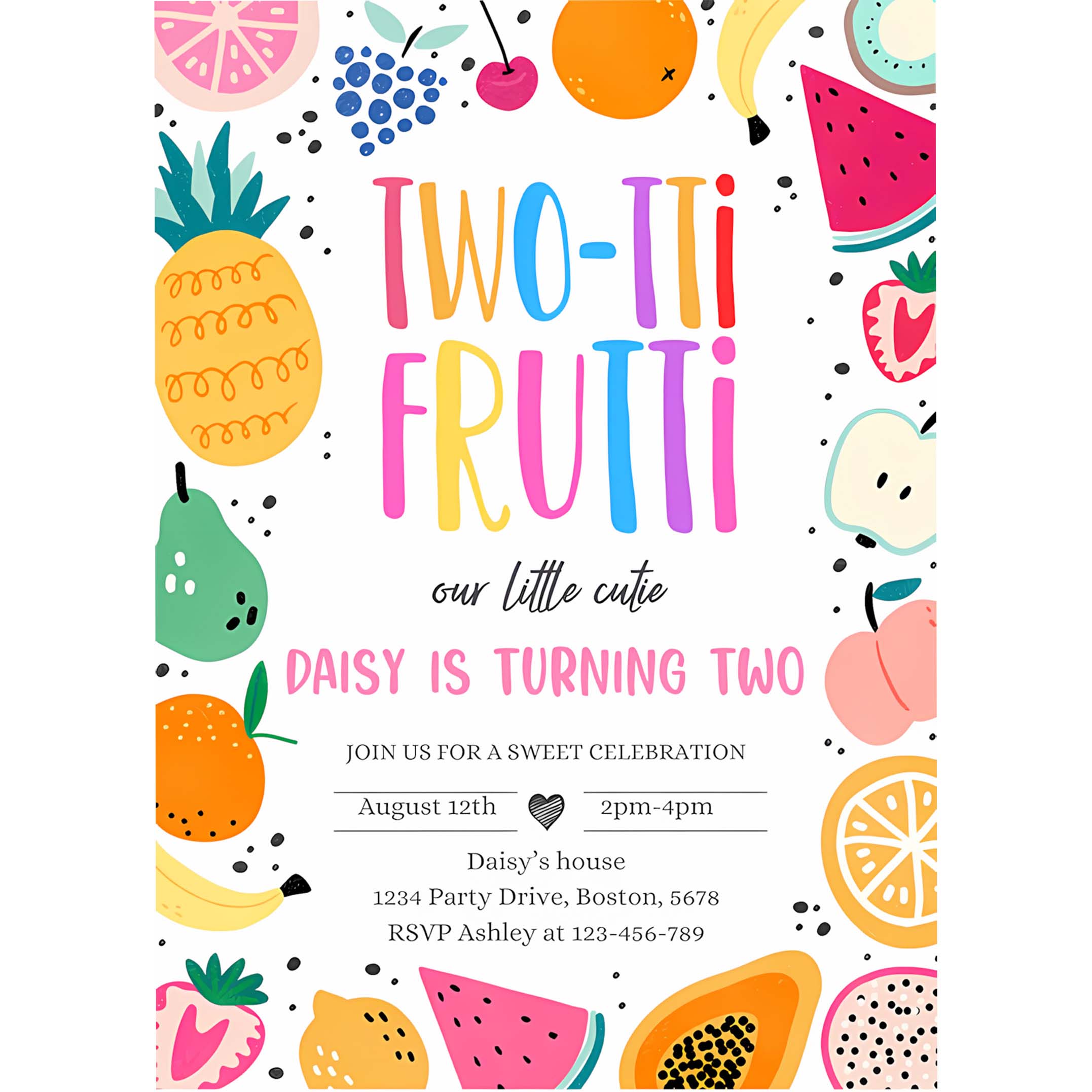 Editable Two tti Frutti Birthday Party Invitation Two tti Frutti 2nd Birthday Tutti Frutti Tropical Summer Party Fruit Party