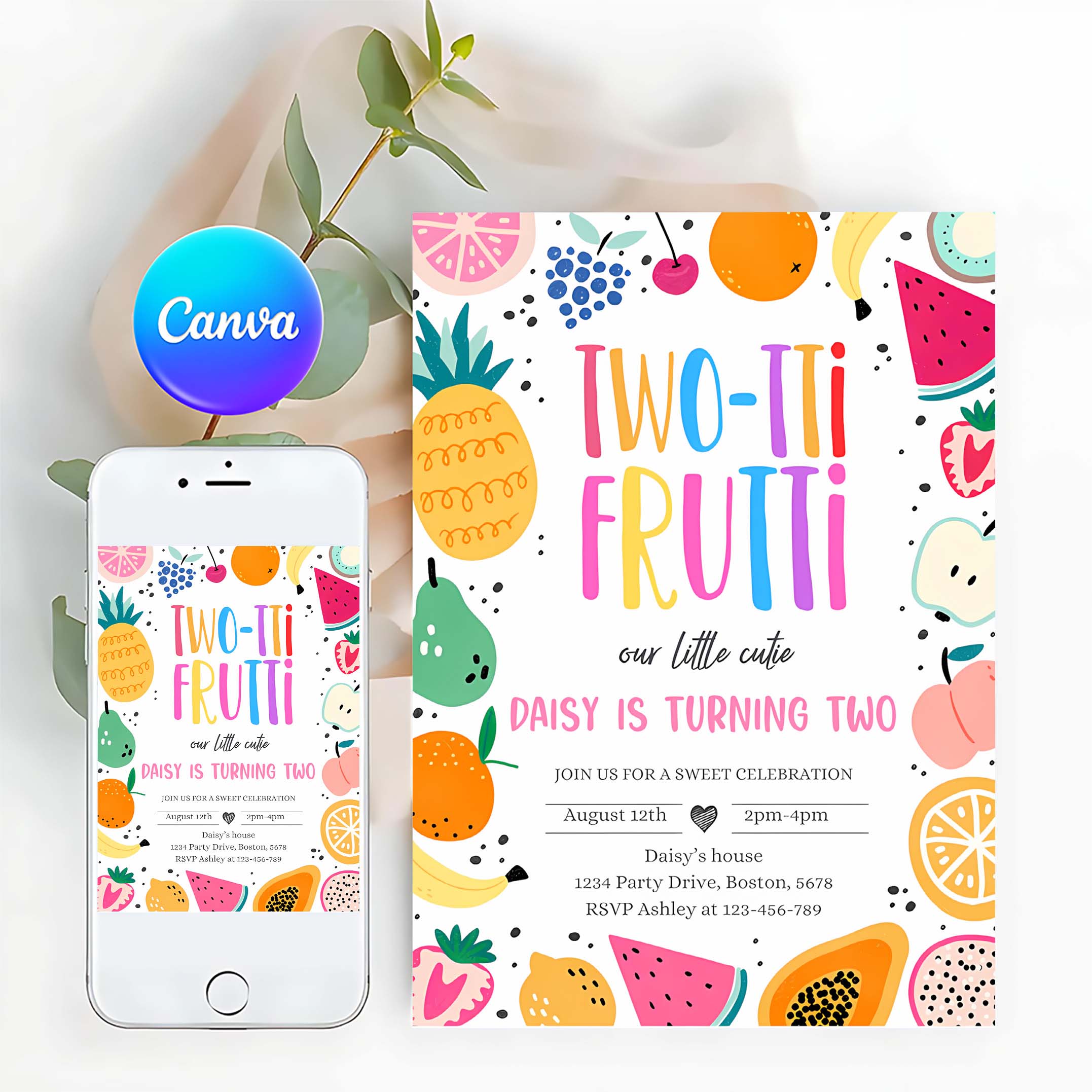 Editable Two tti Frutti Birthday Party Invitation Two tti Frutti 2nd Birthday Tutti Frutti Tropical Summer Party Fruit Party