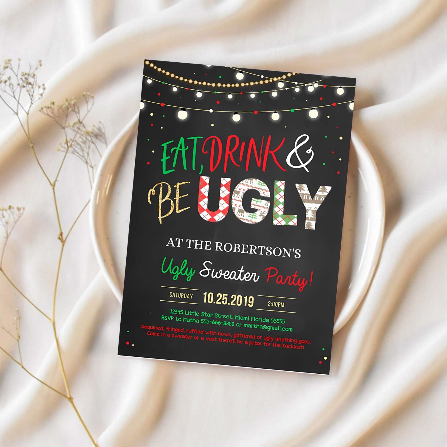 Editable ugly sweater party invitation rustic christmas ugly sweater invitation eat drink and be ugly sweater party invite 1