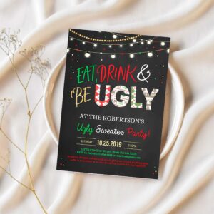Editable ugly sweater party invitation rustic christmas ugly sweater invitation eat drink and be ugly sweater party invite 1