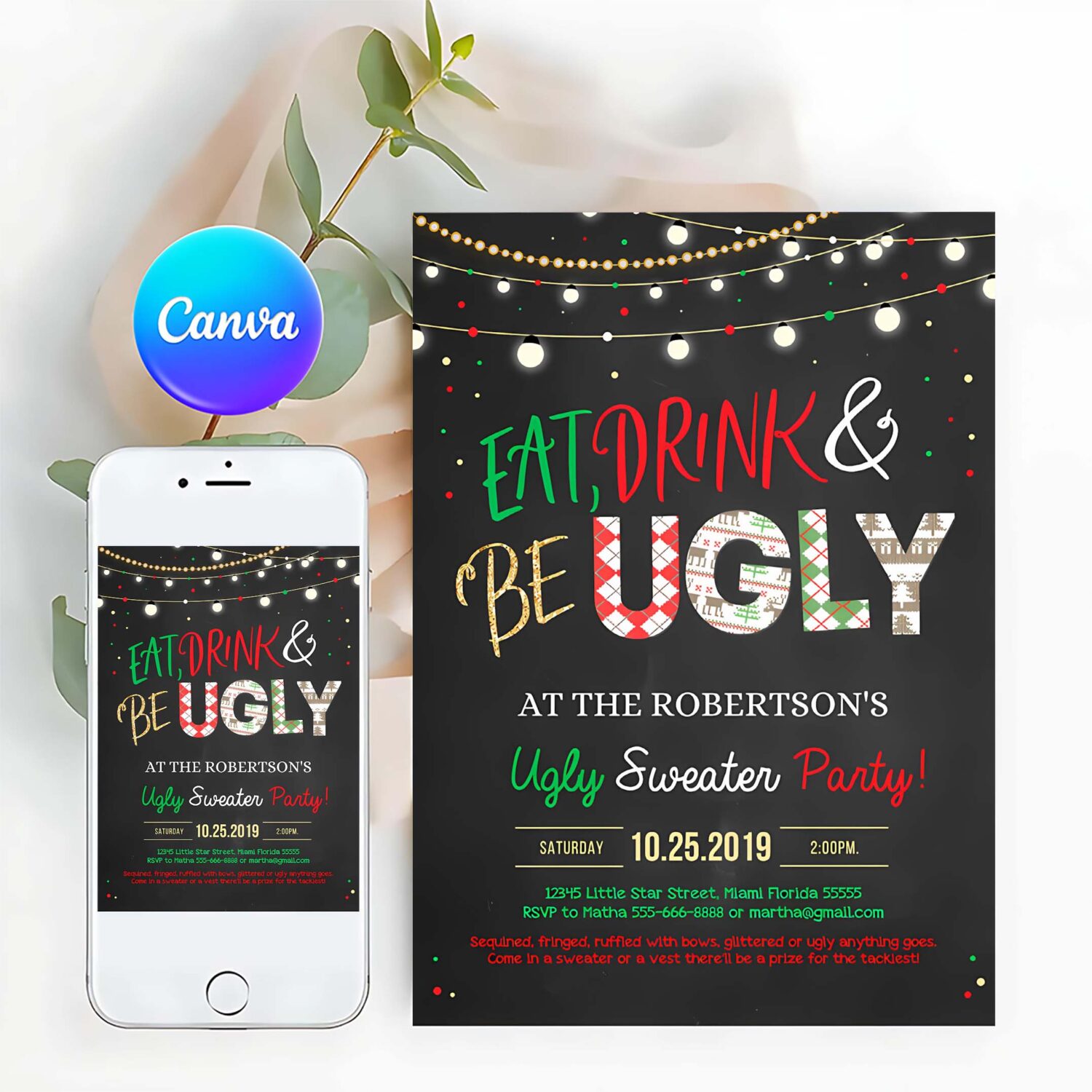 Editable ugly sweater party invitation rustic christmas ugly sweater invitation eat drink and be ugly sweater party invite
