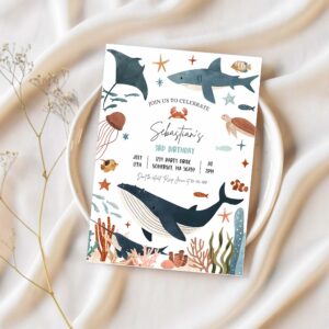 Editable under the sea 1st birthday party invitation whale turtle shark jellyfish sea life 1st birthday party 1