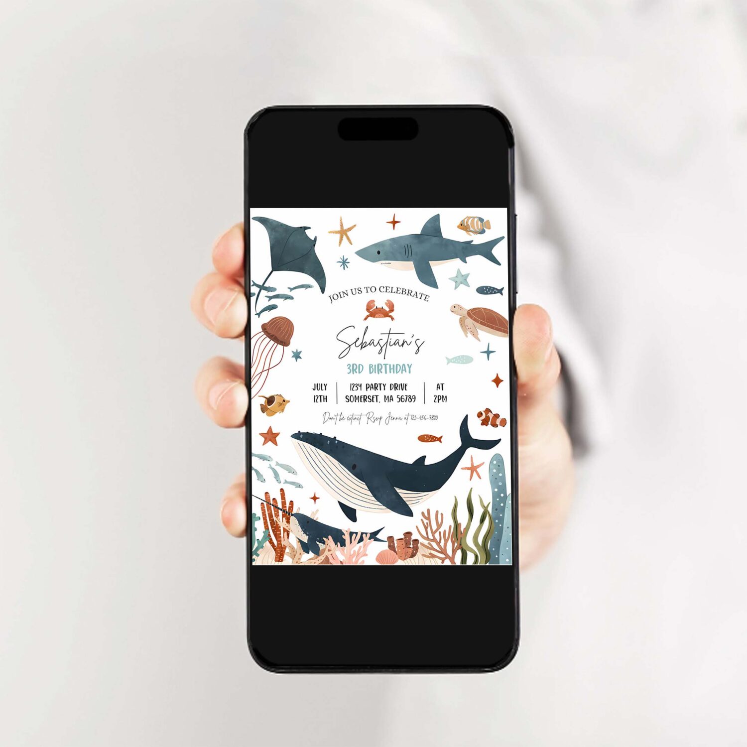 Editable under the sea 1st birthday party invitation whale turtle shark jellyfish sea life 1st birthday party 2
