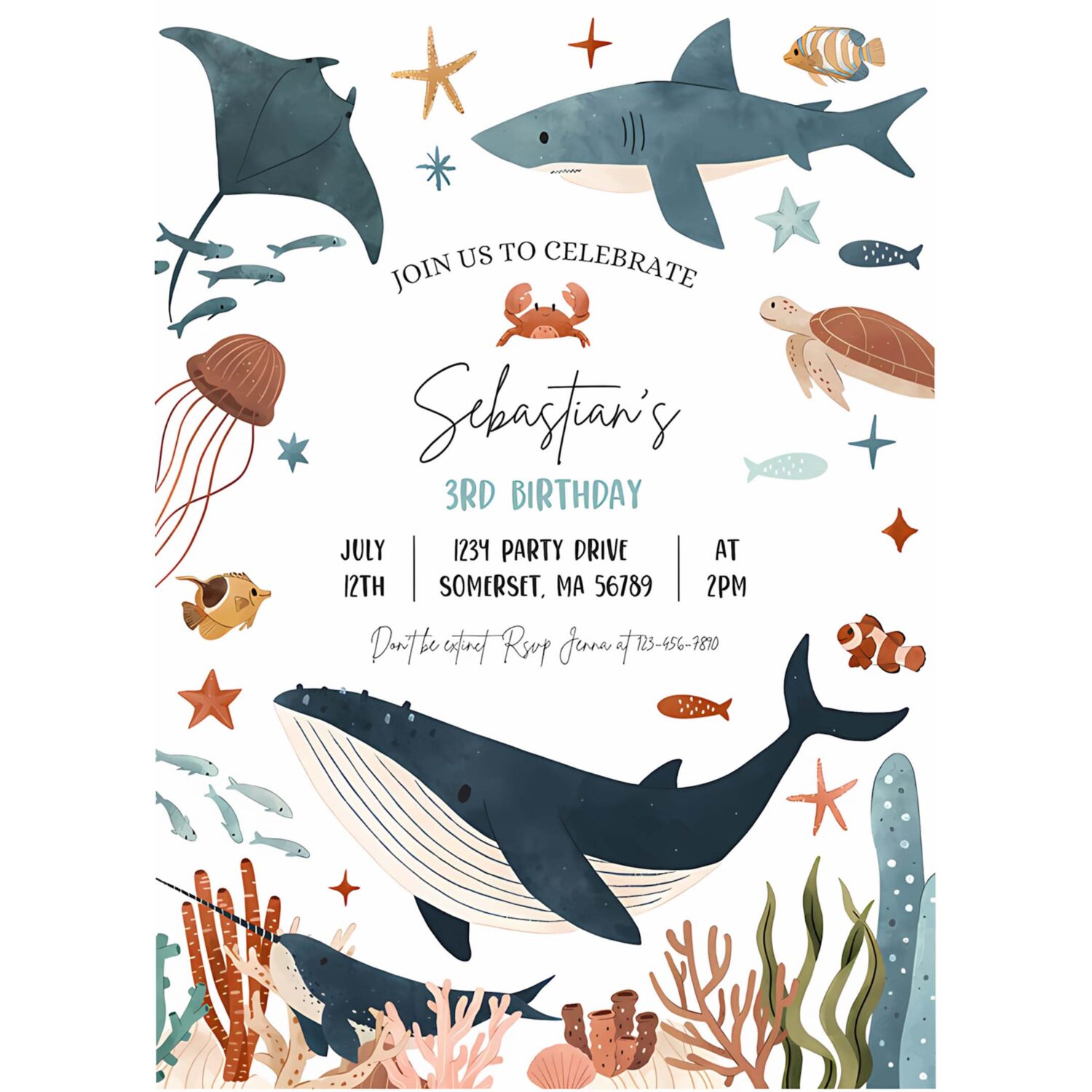 Editable under the sea 1st birthday party invitation whale turtle shark jellyfish sea life 1st birthday party 4
