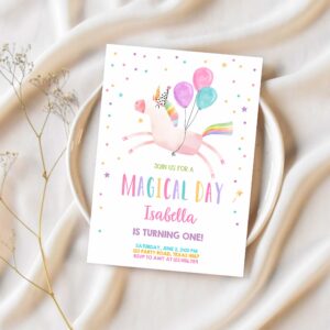 Editable unicorn birthday invitation magical party girl pink first birthday digital invite template rainbow download corjl 0336 1