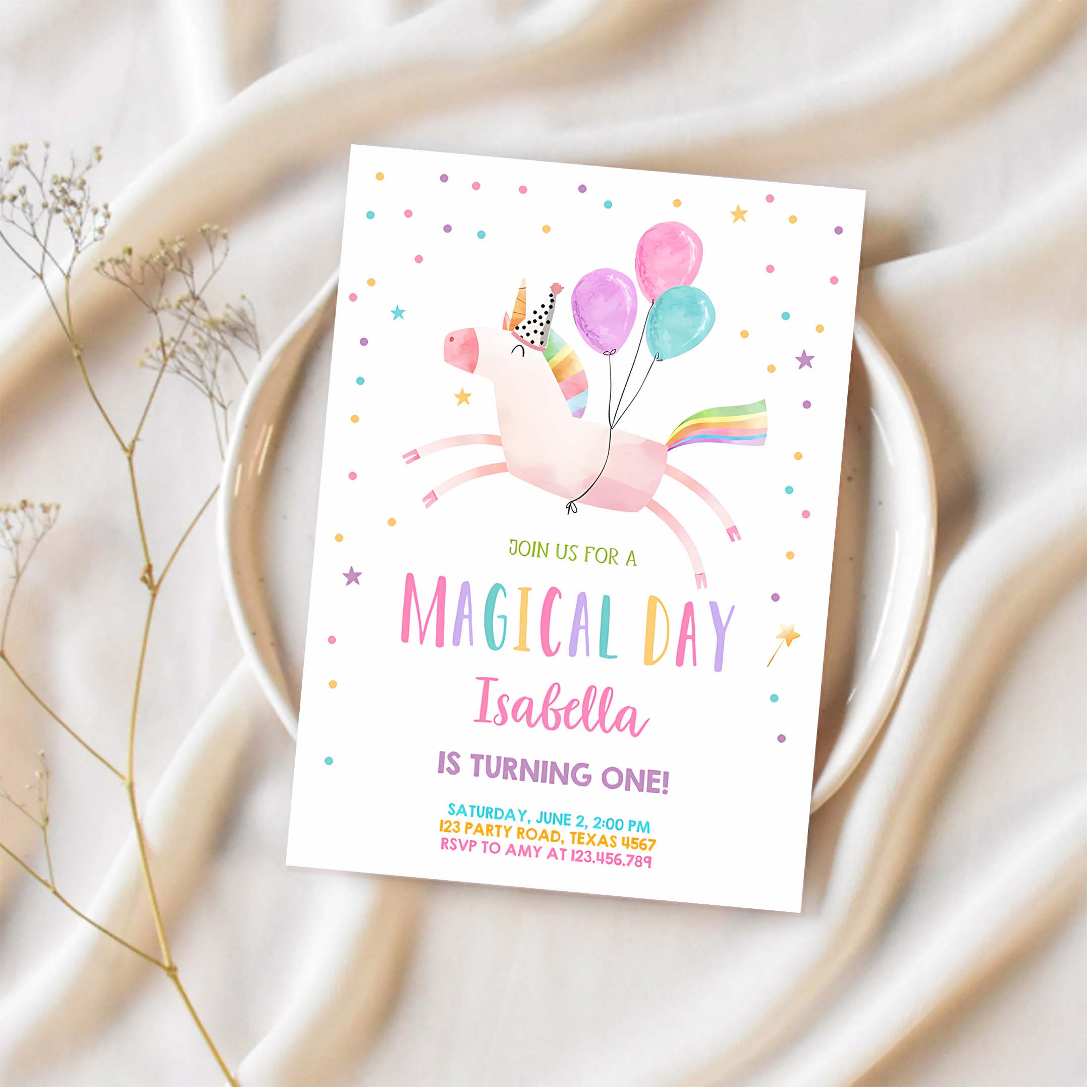 Editable Unicorn Birthday Invitation Magical Party Girl Pink First Birthday Digital Invite Template Rainbow Download Corjl 0336