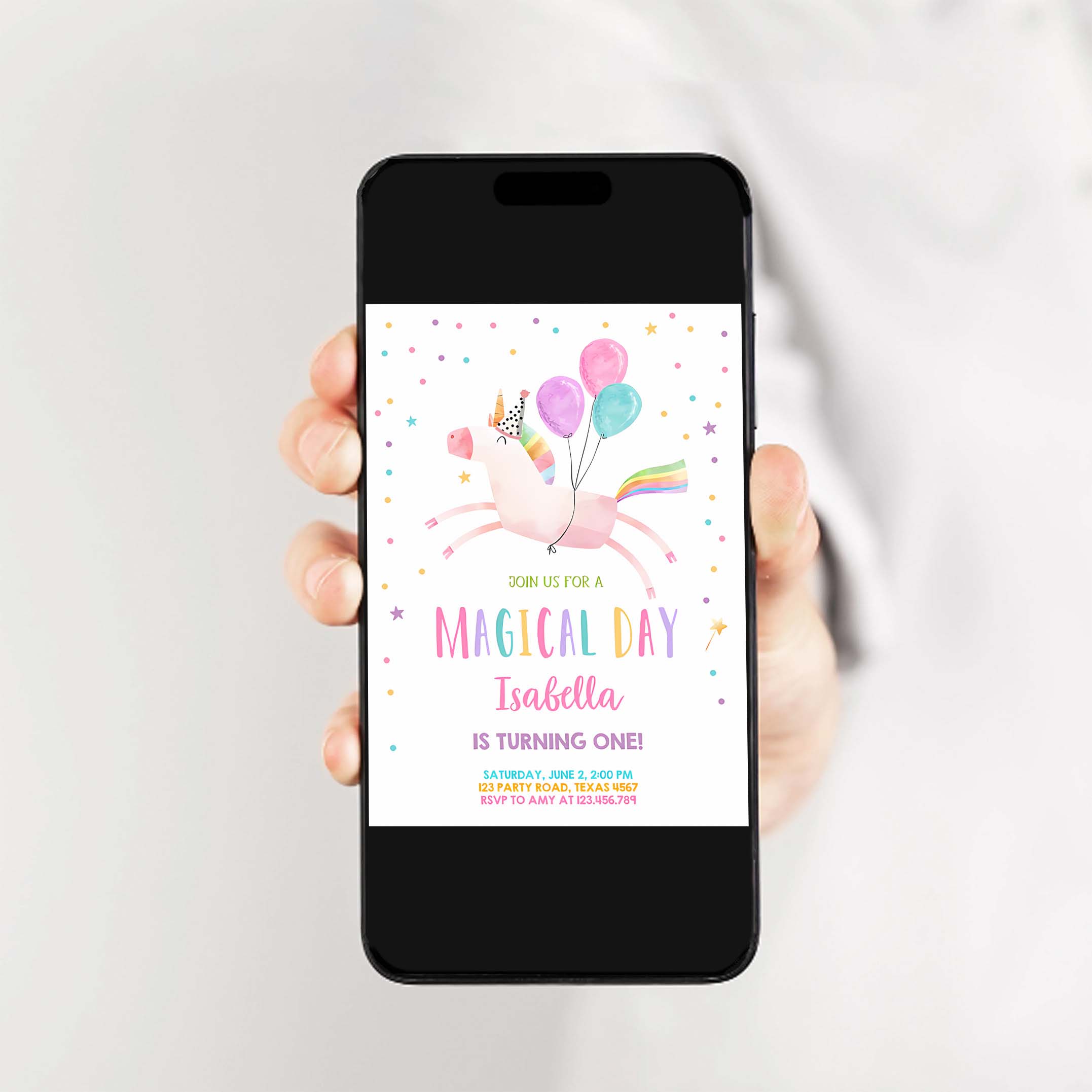 Editable Unicorn Birthday Invitation Magical Party Girl Pink First Birthday Digital Invite Template Rainbow Download Corjl 0336