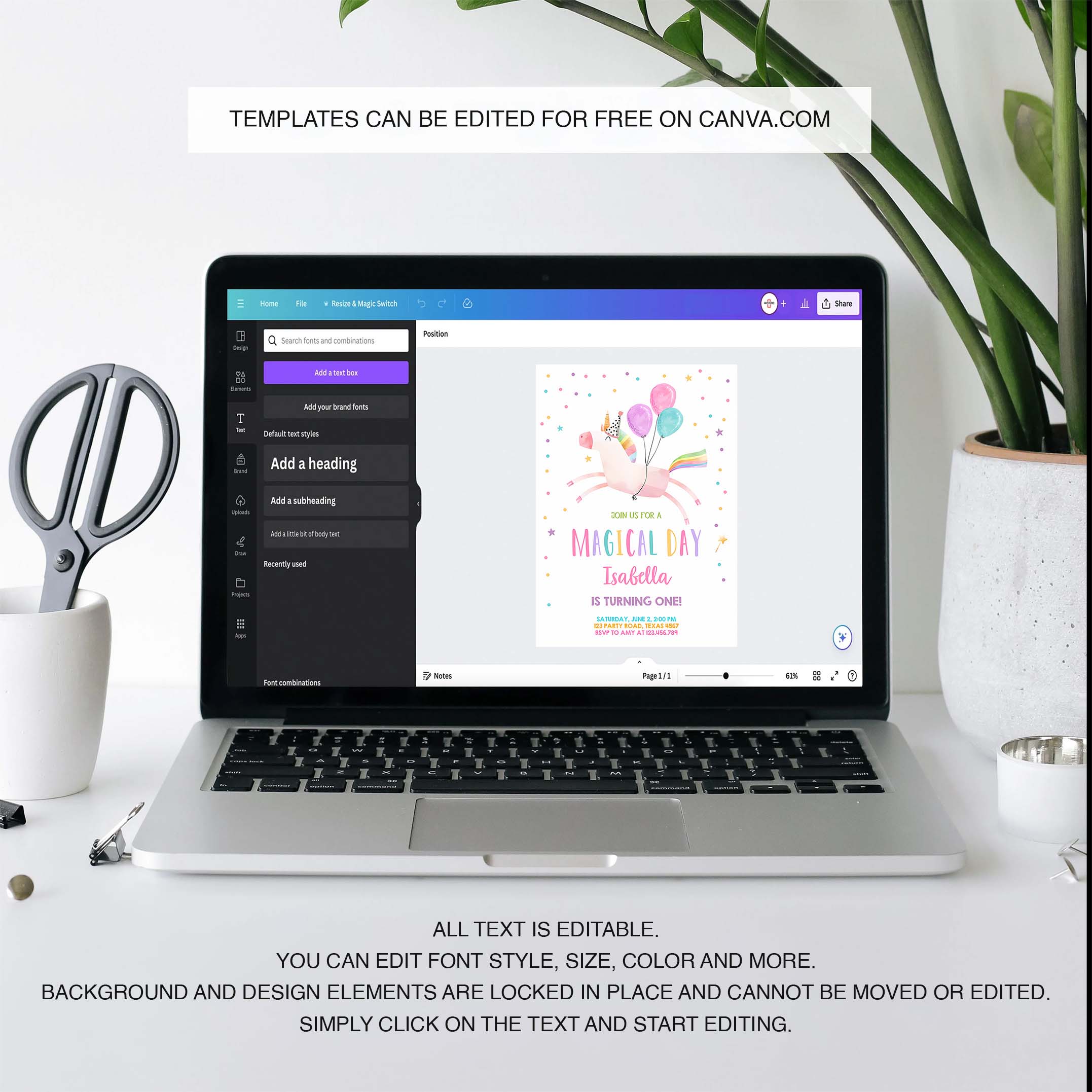 Editable Unicorn Birthday Invitation Magical Party Girl Pink First Birthday Digital Invite Template Rainbow Download Corjl 0336