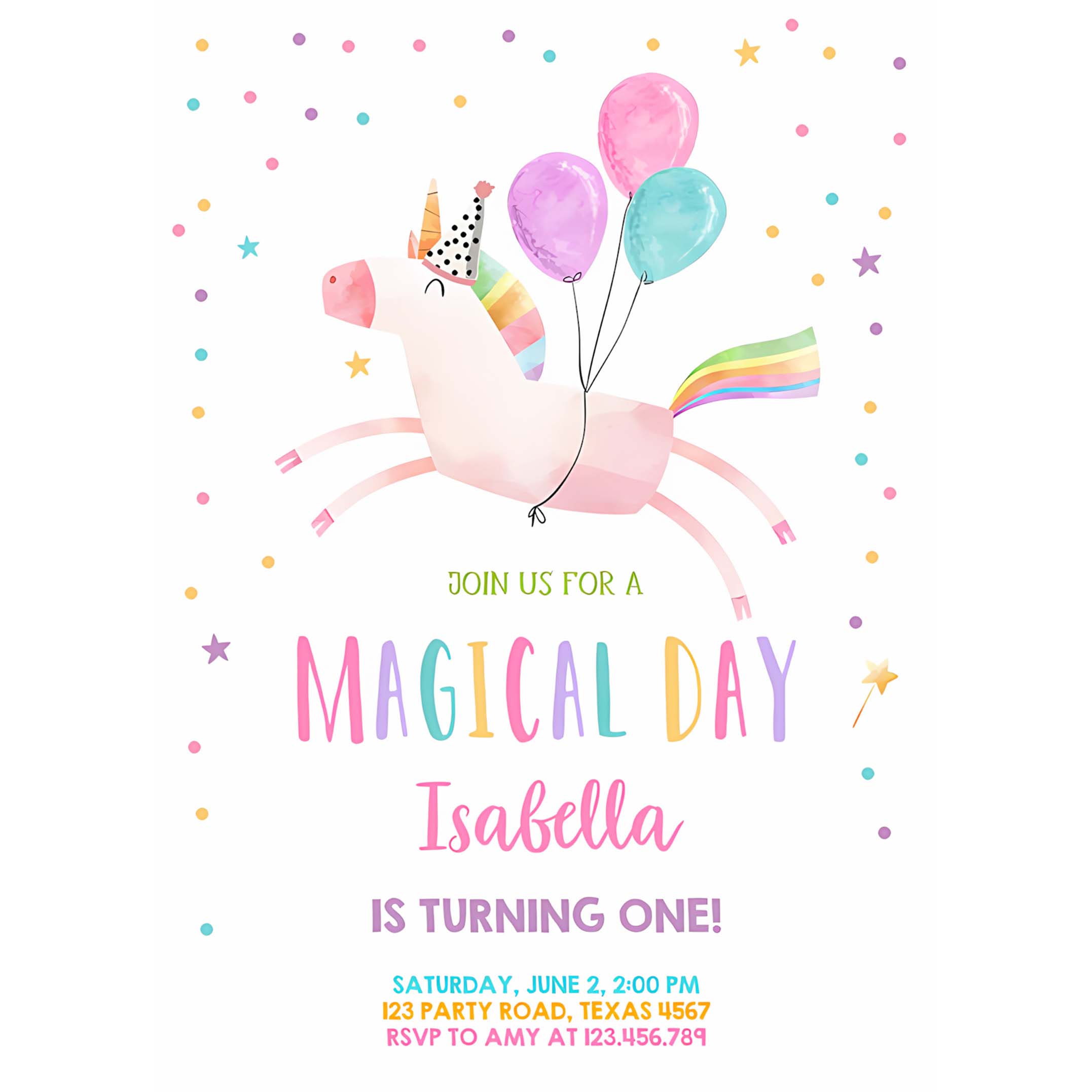 Editable Unicorn Birthday Invitation Magical Party Girl Pink First Birthday Digital Invite Template Rainbow Download Corjl 0336