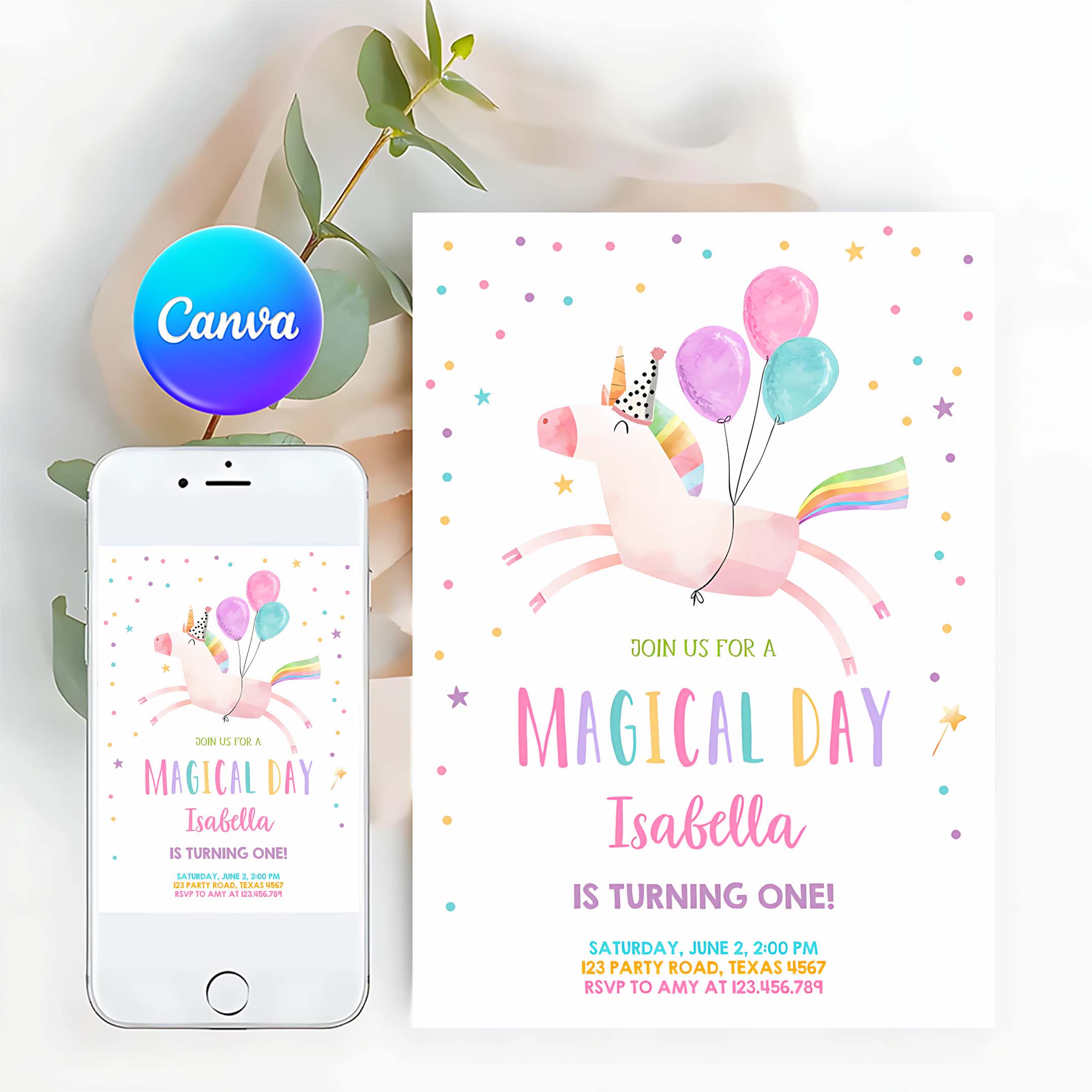 Editable Unicorn Birthday Invitation Magical Party Girl Pink First Birthday Digital Invite Template Rainbow Download Corjl