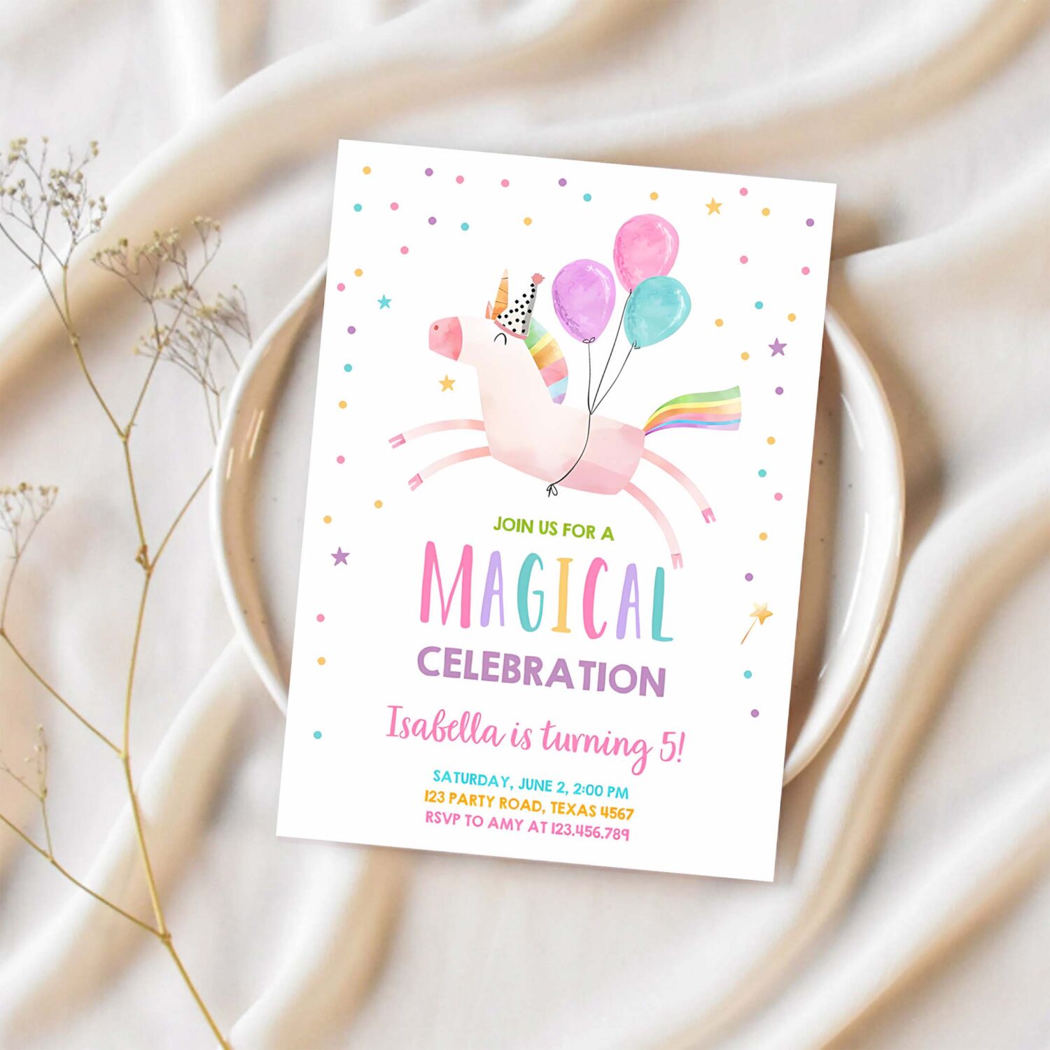 Editable unicorn birthday invitation magical party invite girl pink first birthday digital invite template download corjl 0336 1