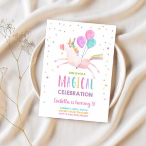 Editable unicorn birthday invitation magical party invite girl pink first birthday digital invite template download corjl 0336 1