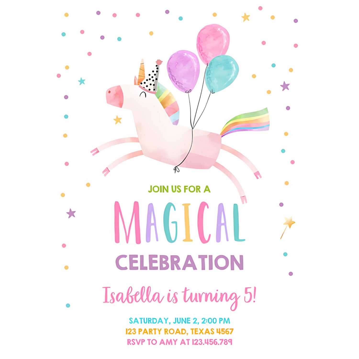 Editable unicorn birthday invitation magical party invite girl pink first birthday digital invite template download corjl 0336 4