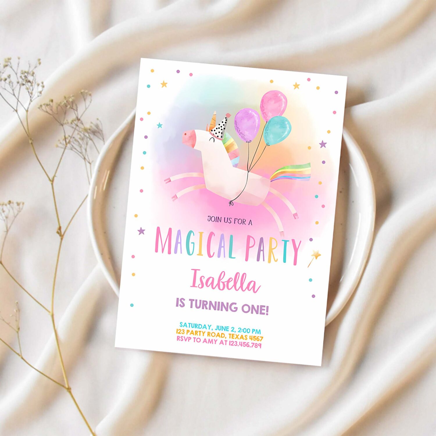 Editable unicorn birthday invitation magical party invite girl pink first birthday digital invite template rainbow download corjl 0336 1