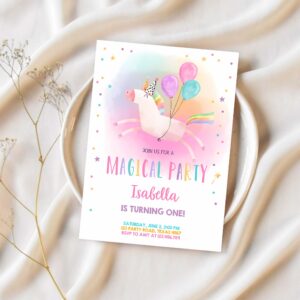 Editable unicorn birthday invitation magical party invite girl pink first birthday digital invite template rainbow download corjl 0336 1