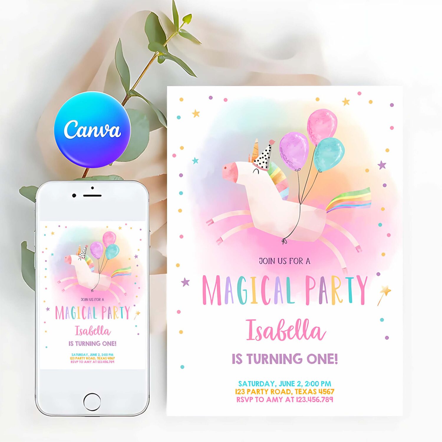 Editable unicorn birthday invitation magical party invite girl pink first birthday digital invite template rainbow download corjl 0336