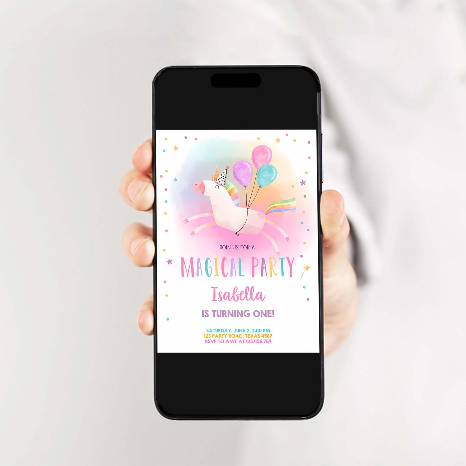 Editable unicorn birthday invitation magical party invite girl pink first birthday digital invite template rainbow download corjl 0336 2