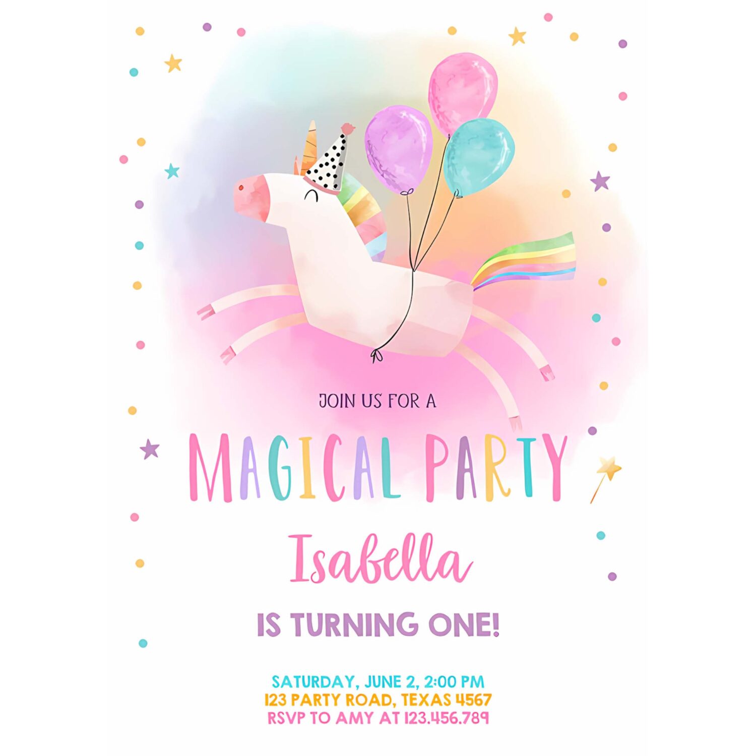 Editable unicorn birthday invitation magical party invite girl pink first birthday digital invite template rainbow download corjl 0336 4