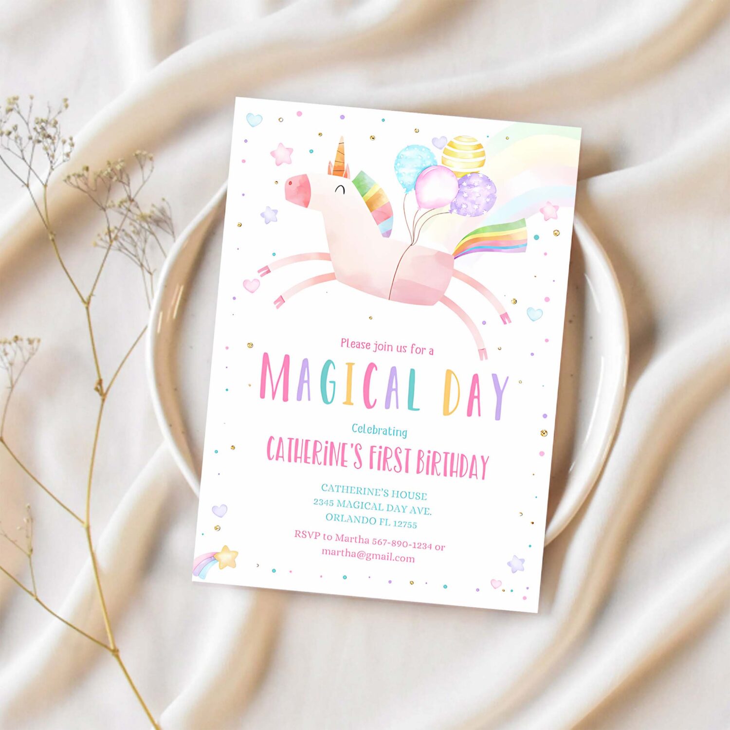 Editable unicorn birthday invitation magical party invite girl pink first birthday digital invite template reainbow 1