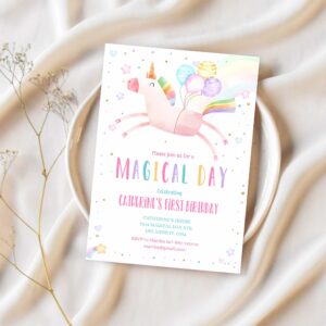 Editable unicorn birthday invitation magical party invite girl pink first birthday digital invite template reainbow 1