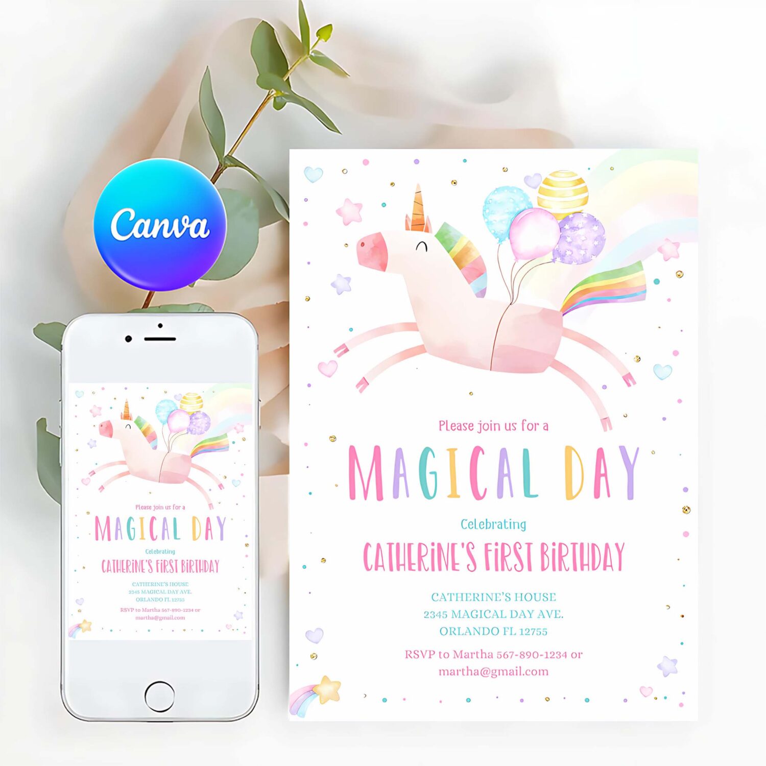 Editable unicorn birthday invitation magical party invite girl pink first birthday digital invite template reainbow