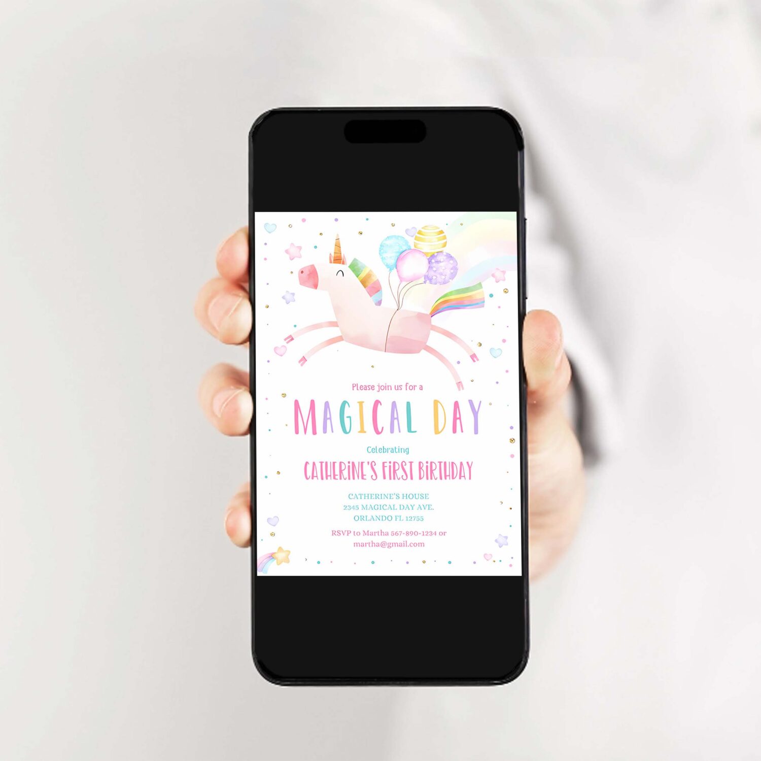 Editable unicorn birthday invitation magical party invite girl pink first birthday digital invite template reainbow 2