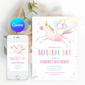 Magical Party, Invite, Girl Pink First Birthday, Invite, Reainbow Invitation
