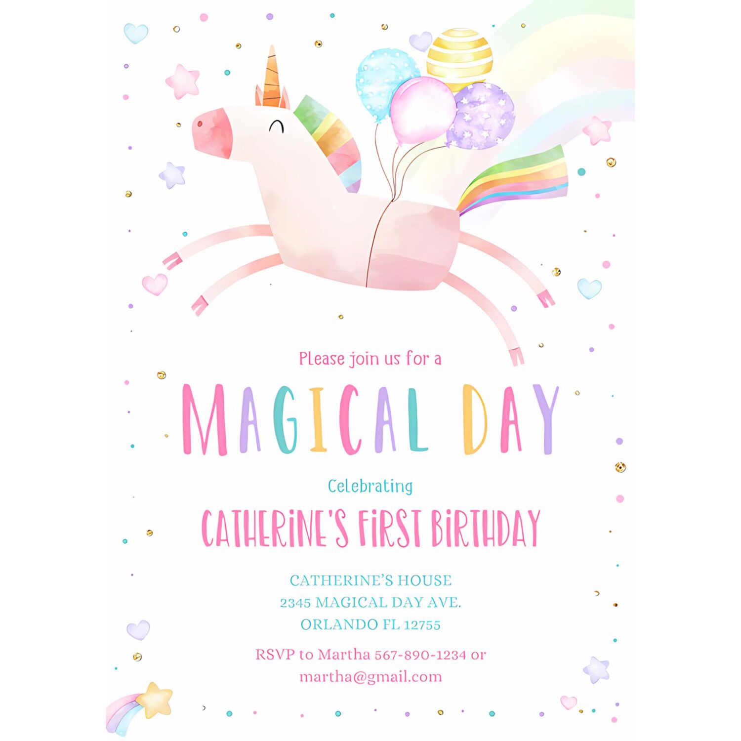 Editable unicorn birthday invitation magical party invite girl pink first birthday digital invite template reainbow 4