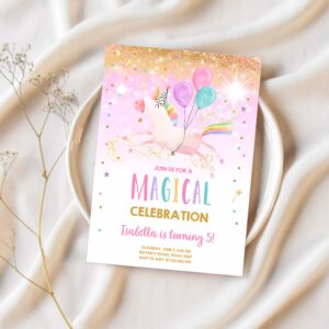 Editable unicorn birthday invitation magical party invite girl pink gold birthday digital invite template rainbow download corjl 0336 1