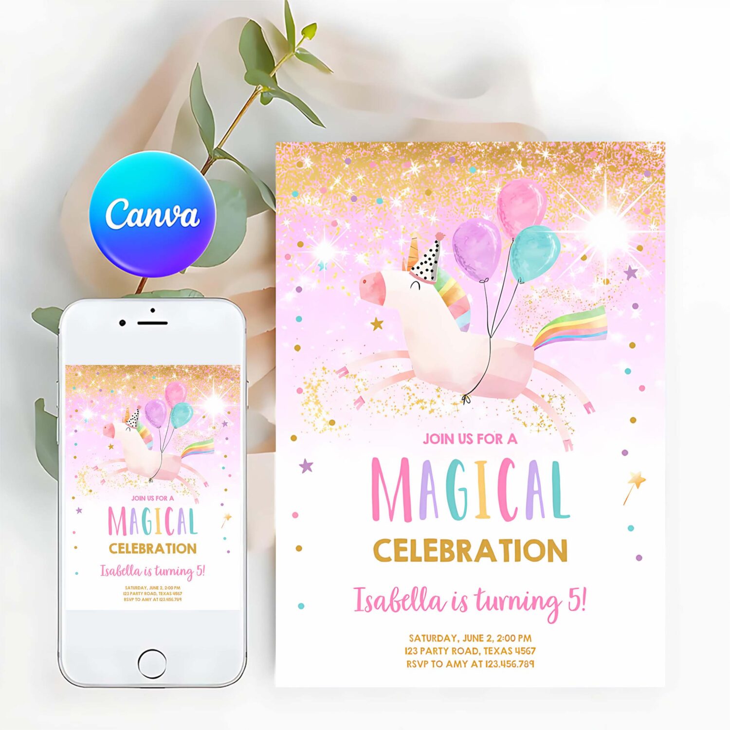 Editable unicorn birthday invitation magical party invite girl pink gold birthday digital invite template rainbow download corjl 0336