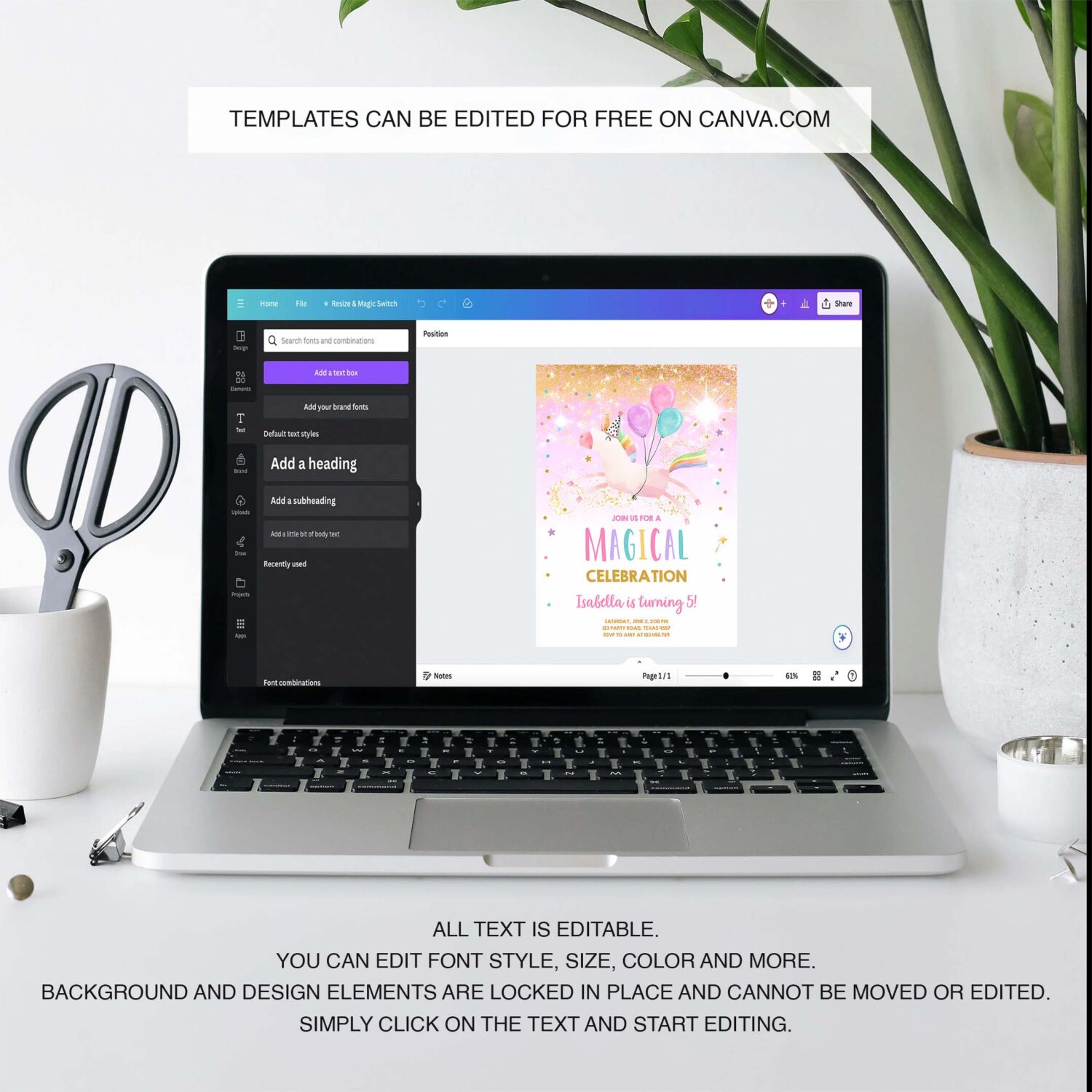 Editable unicorn birthday invitation magical party invite girl pink gold birthday digital invite template rainbow download corjl 0336 3