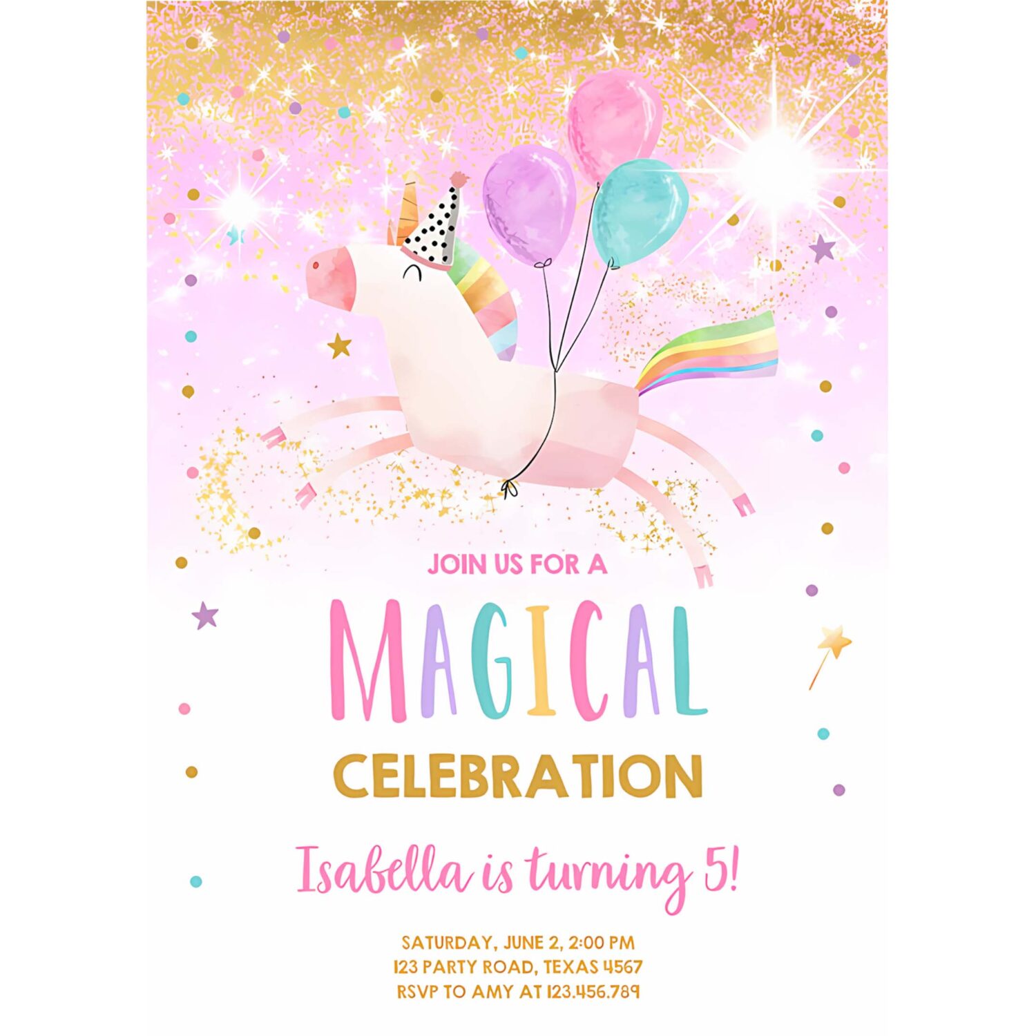 Editable unicorn birthday invitation magical party invite girl pink gold birthday digital invite template rainbow download corjl 0336 4