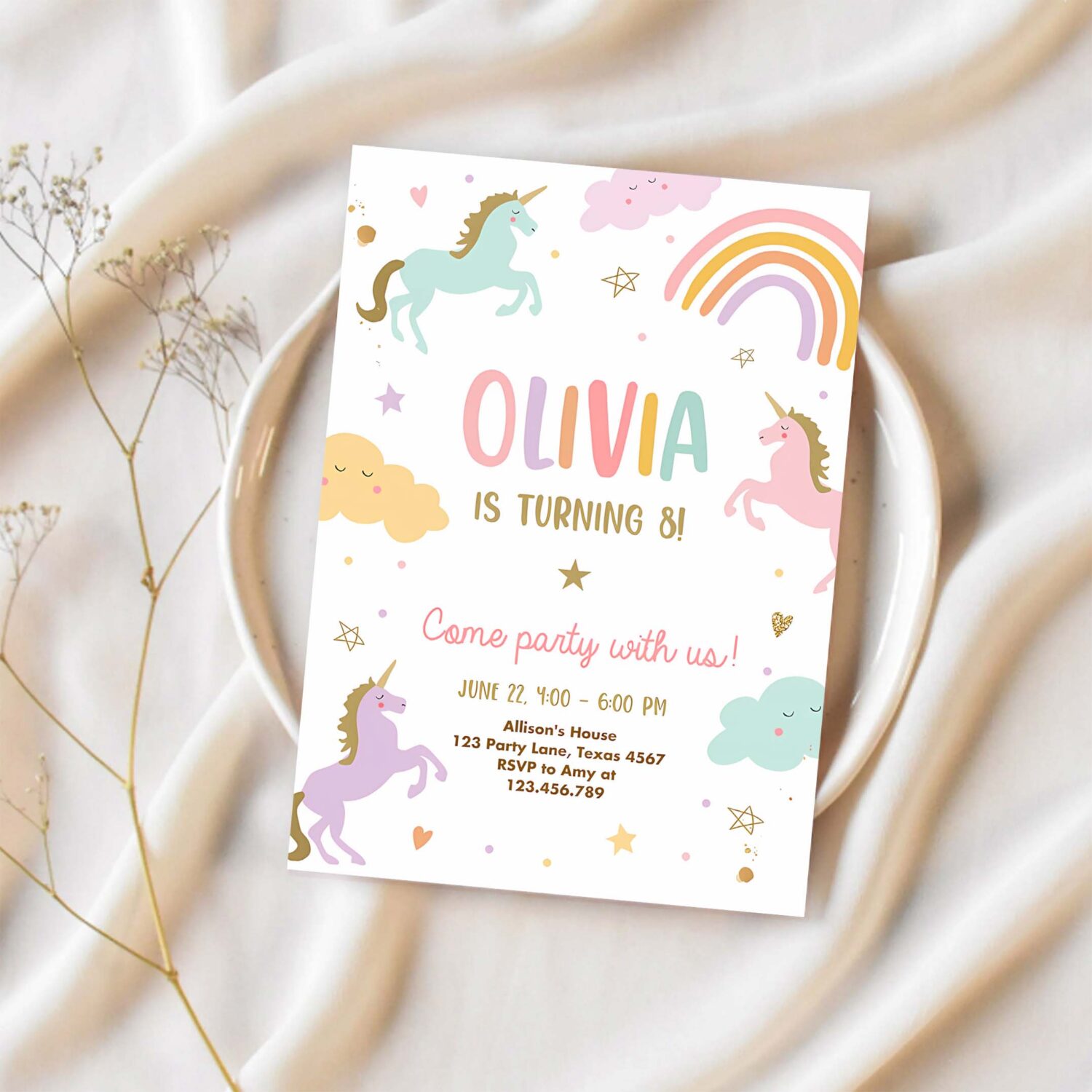 Editable unicorn birthday invitation magical party invite girl pink pastel first digital unicorn party template rainbow download corjl 0426 1