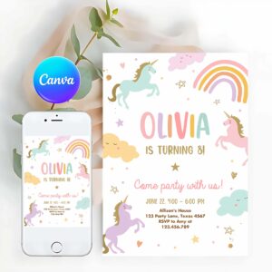 Unicorn Invitation, Unicorn Birthday Invitation, Pastel First Unicorn Party Invitation
