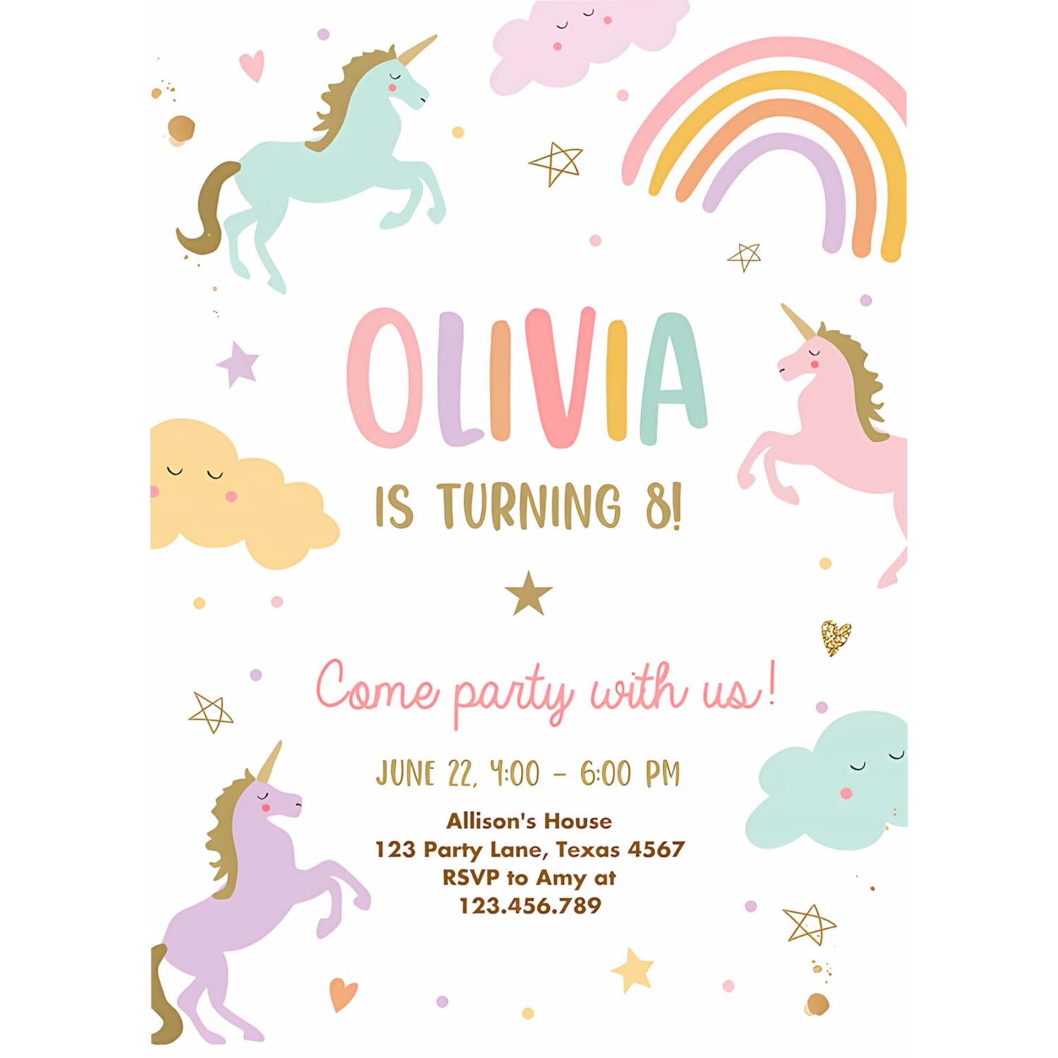 Editable unicorn birthday invitation magical party invite girl pink pastel first digital unicorn party template rainbow download corjl 0426 4