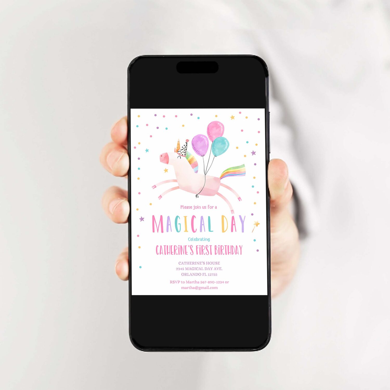 Editable unicorn birthday invitation magical party invites girl pink first birthday digital invite template rainbow download corjl 0336 2