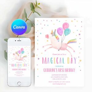 Unicorn Invitation, Unicorn Birthday Invitation, Magical Party, Invites, Girl Pink First Birthday Invitation
