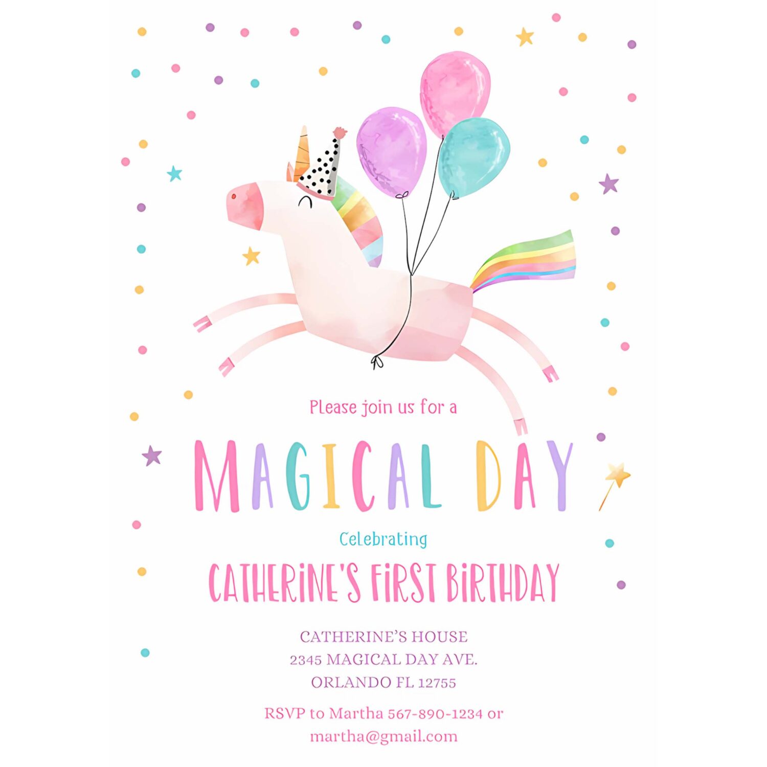 Editable unicorn birthday invitation magical party invites girl pink first birthday digital invite template rainbow download corjl 0336 4
