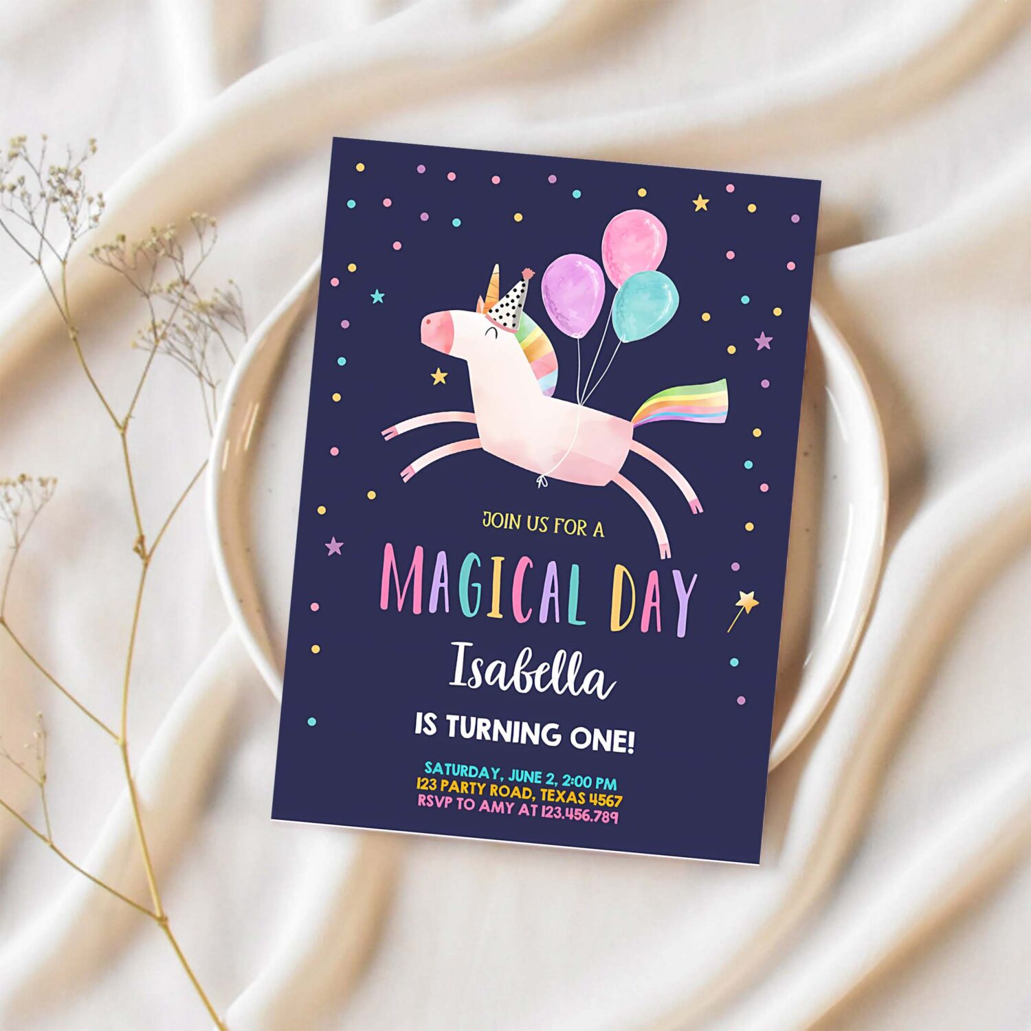 Editable unicorn birthday invitation magical party night invite girl pink first birthday digital invite template reainbow download corjl 0336 1