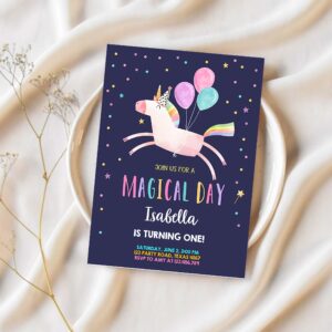 Editable unicorn birthday invitation magical party night invite girl pink first birthday digital invite template reainbow download corjl 0336 1