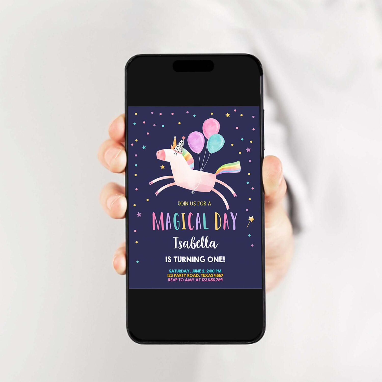Editable unicorn birthday invitation magical party night invite girl pink first birthday digital invite template reainbow download corjl 0336 2