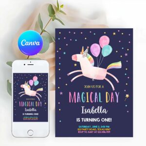 Unicorn Invitation, Unicorn Birthday Invitation, Magical Party, Night Invitation