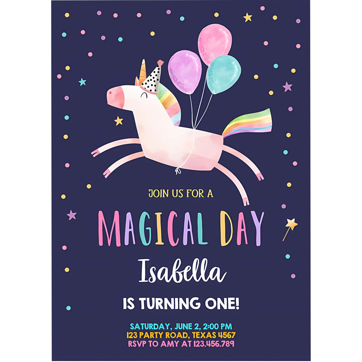 Editable unicorn birthday invitation magical party night invite girl pink first birthday digital invite template reainbow download corjl 0336 4