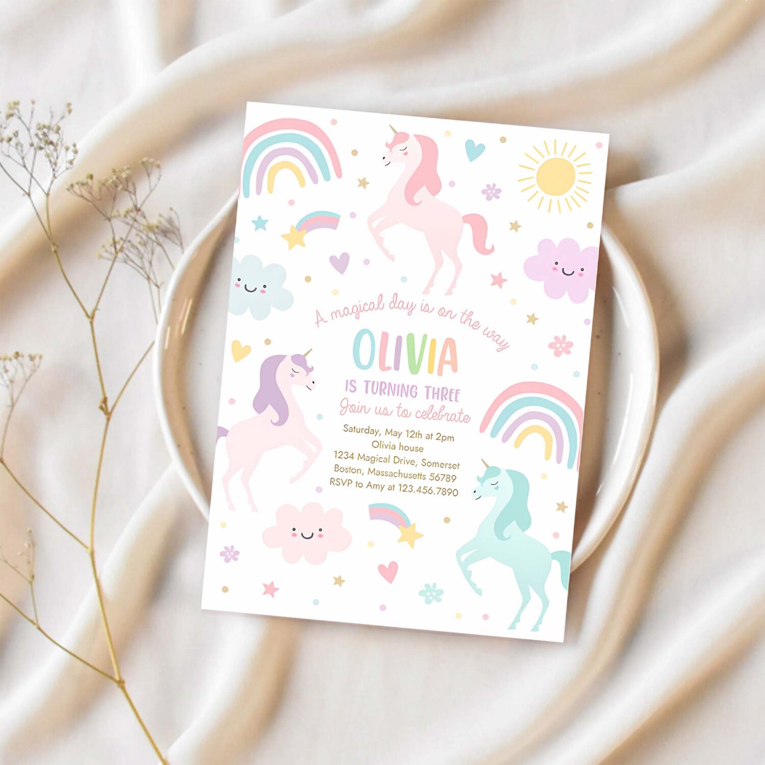 Editable unicorn birthday invitation magical pastel rainbow unicorn birthday party whimsical fairytale unicorn party instant download uy6 1