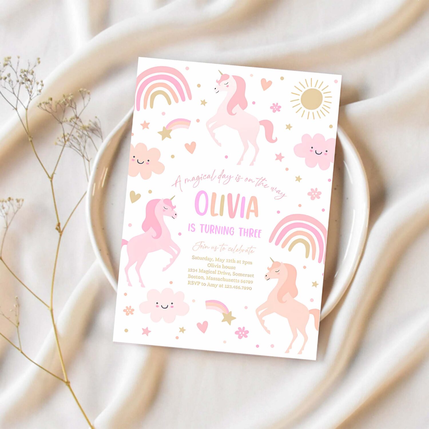 Editable unicorn birthday invitation magical pink pastel rainbow unicorn party whimsical fairytale unicorn party 1