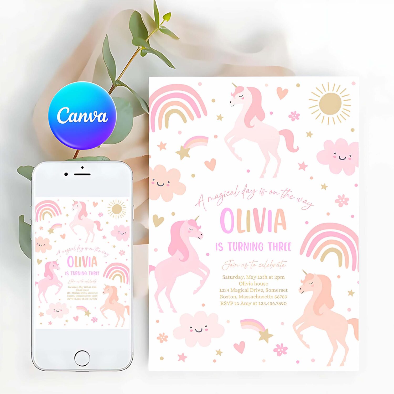 Editable unicorn birthday invitation magical pink pastel rainbow unicorn party whimsical fairytale unicorn party