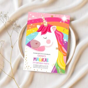 Editable unicorn birthday invitation magical unicorn party girl pink gold unicorn invite rainbow printable 1